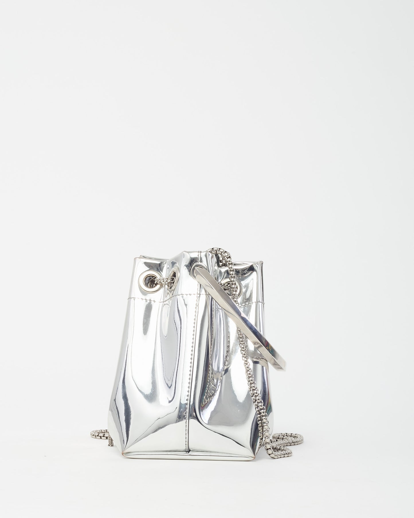 Jimmy Choo Metallic Silver Fabric Metal Handle Bon Bon Bucket Bag with Chain Strap