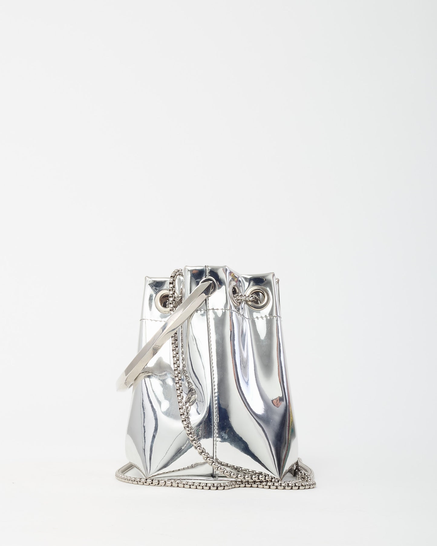 Jimmy Choo Metallic Silver Fabric Metal Handle Bon Bon Bucket Bag with Chain Strap
