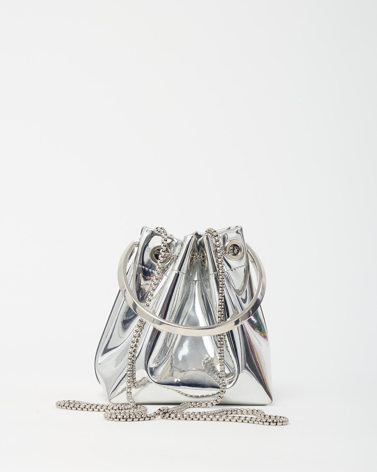 Jimmy Choo Metallic Silver Fabric Metal Handle Bon Bon Bucket Bag with Chain Strap
