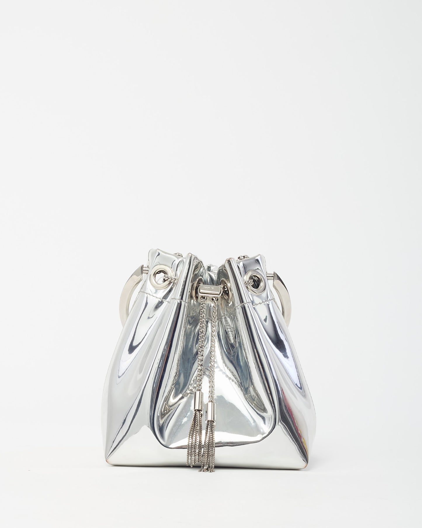 Jimmy Choo Metallic Silver Fabric Metal Handle Bon Bon Bucket Bag with Chain Strap