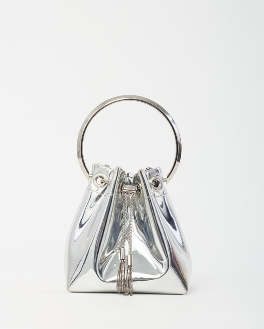 Jimmy Choo Metallic Silver Fabric Metal Handle Bon Bon Bucket Bag with Chain Strap