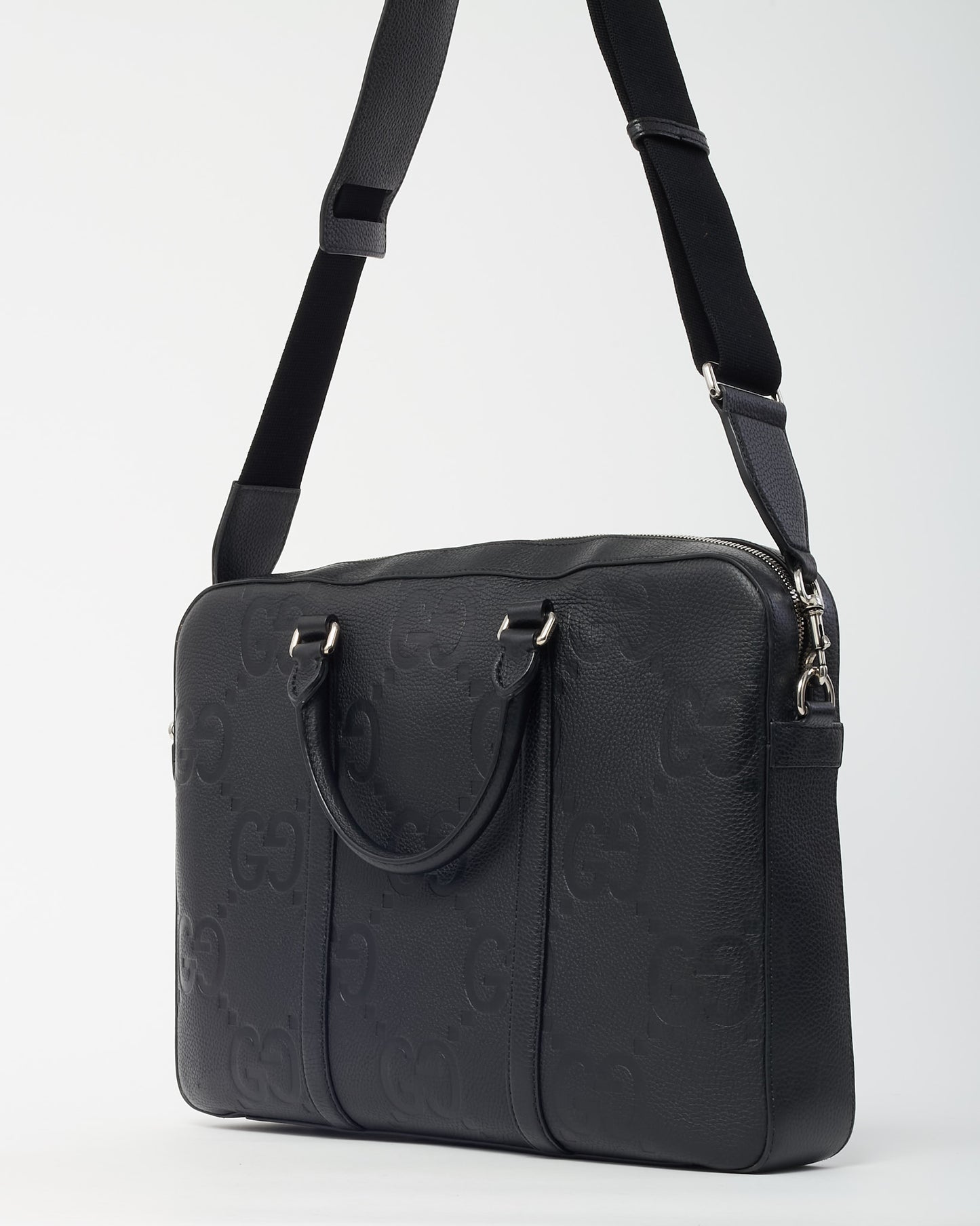 Gucci Black Jumbo GG Monogram Embossed Leather Briefcase with Strap
