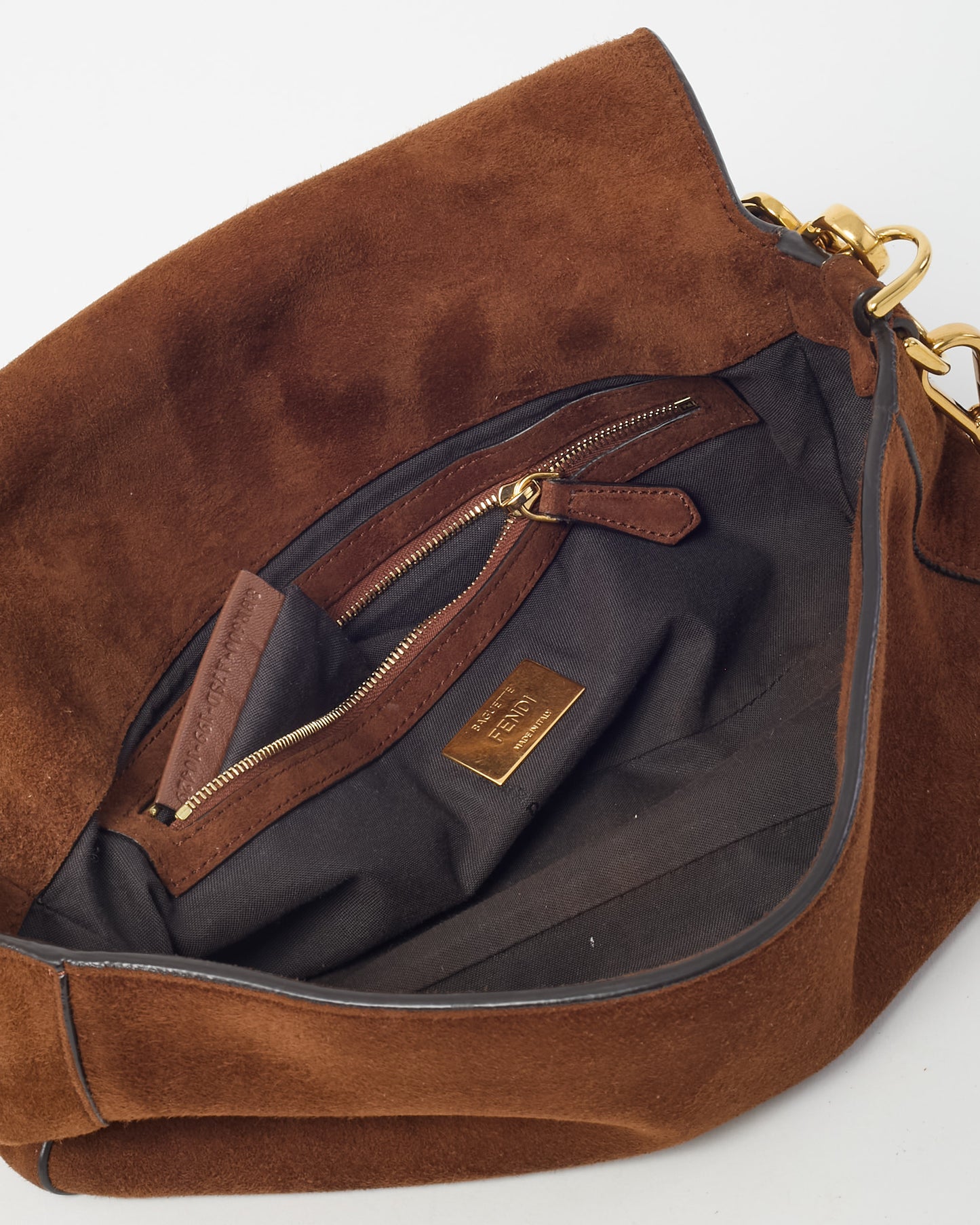Fendi Brown Suede Medium Baguette NM Bag with Strap
