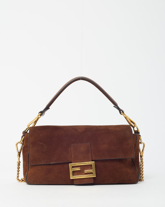 Fendi Brown Suede Medium Baguette NM Bag with Strap