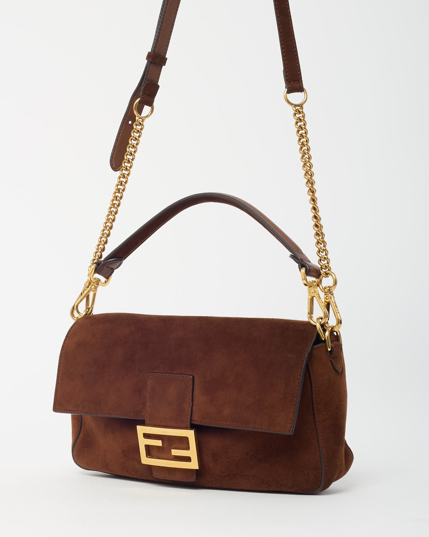 Fendi Brown Suede Medium Baguette NM Bag with Strap