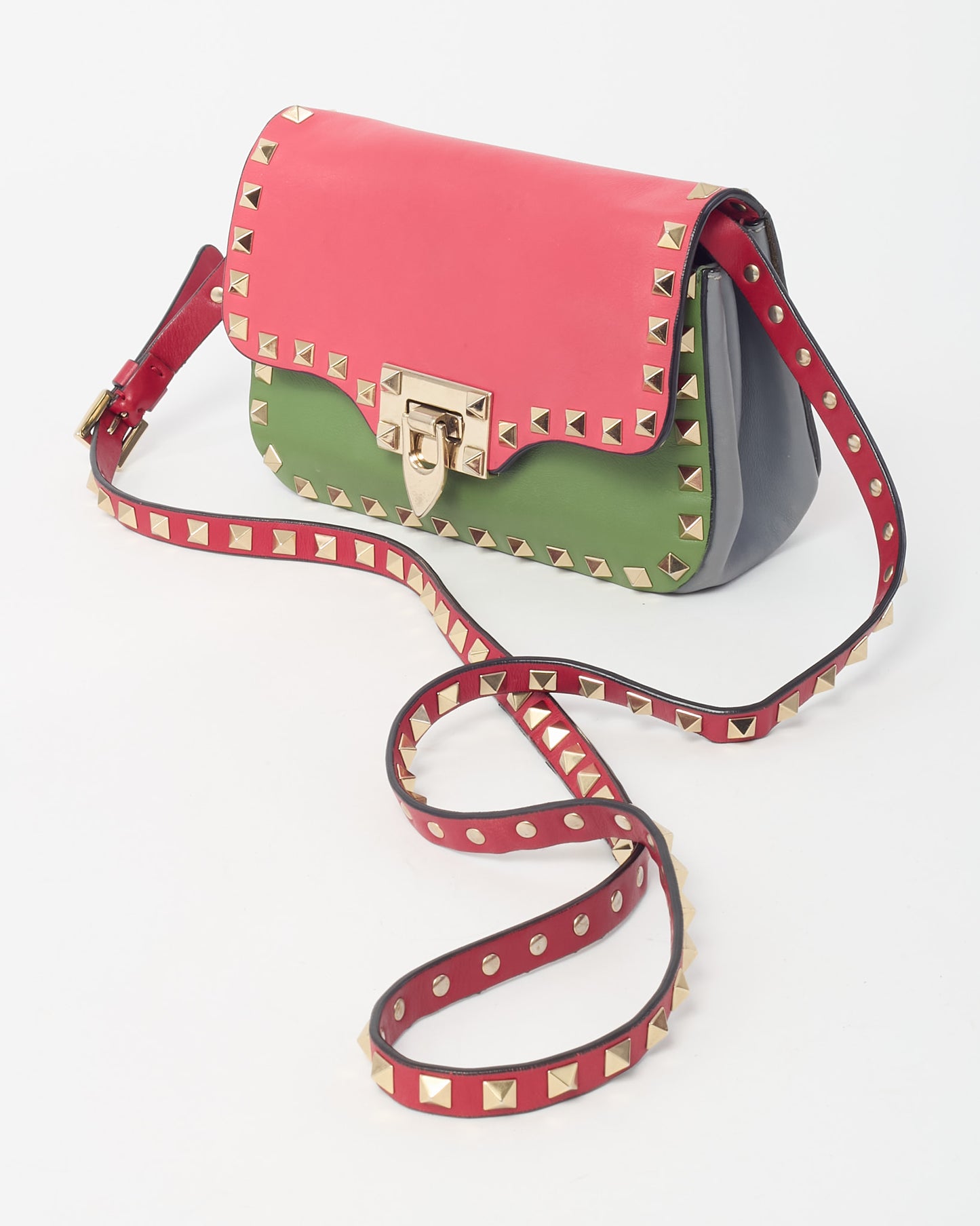 Valentino Tri-Color Red/Green/Grey Vitello Leather Rockstud Mini Crossbody Bag