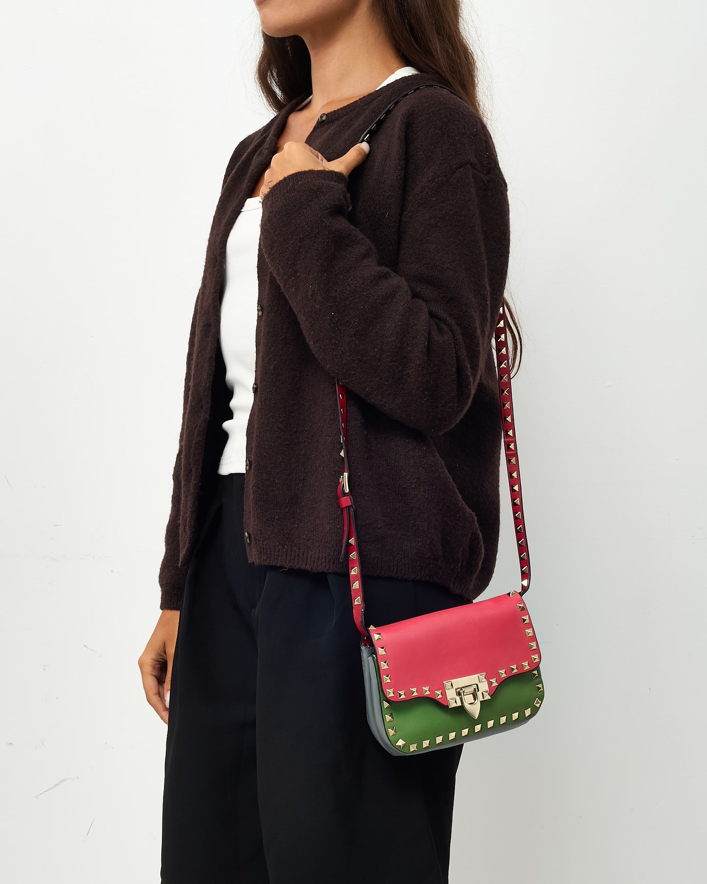 Valentino Tri-Color Red/Green/Grey Vitello Leather Rockstud Mini Crossbody Bag