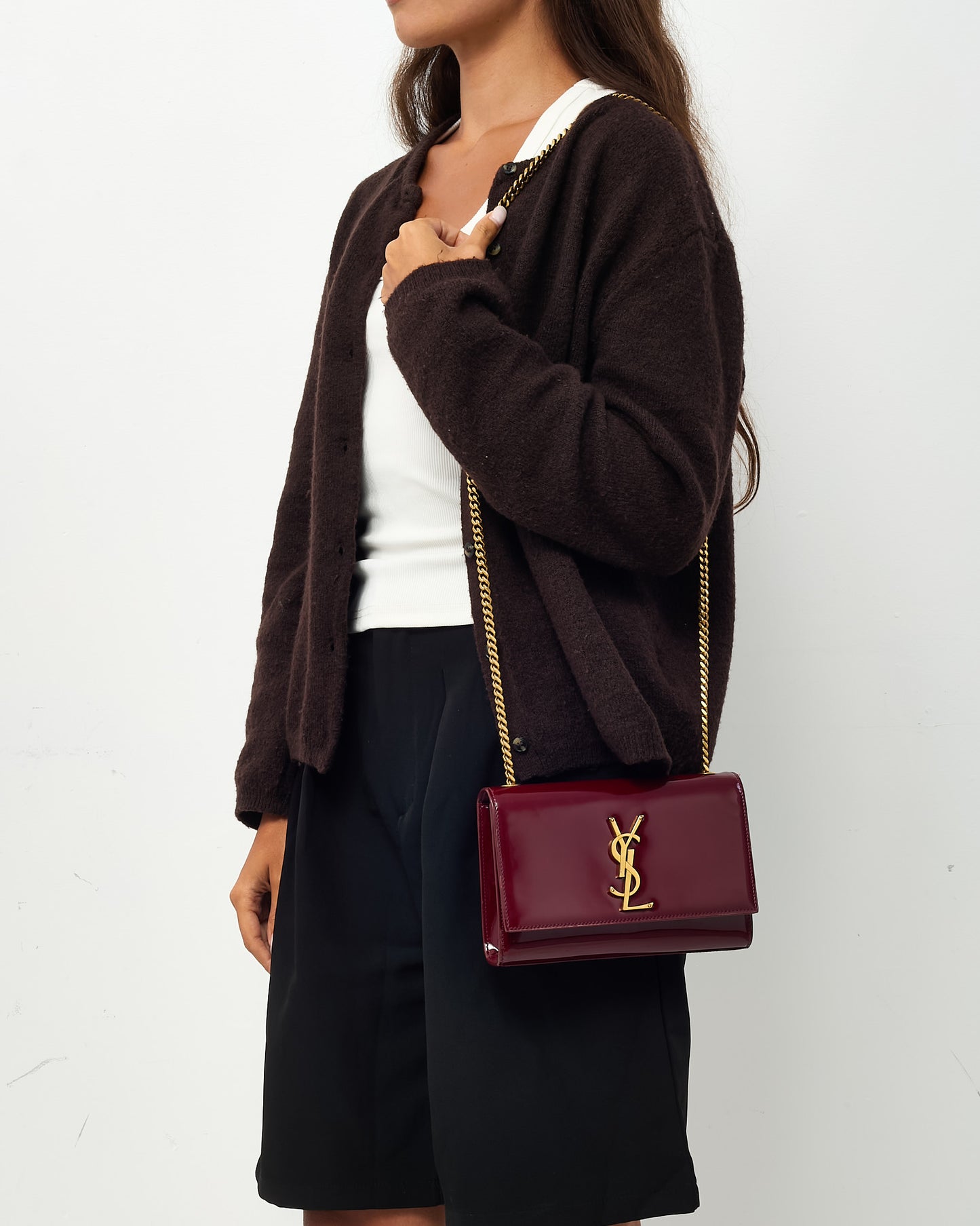 Saint Laurent Burgundy Patent Leather GHW YSL Logo Small Kate Crossbody Bag