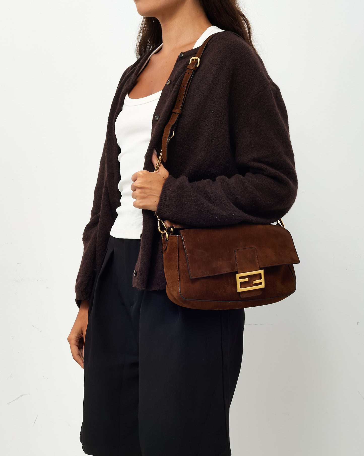 Fendi Brown Suede Medium Baguette NM Bag with Strap