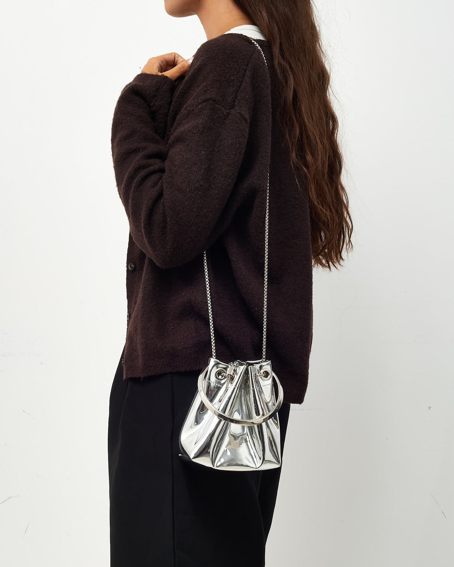 Jimmy Choo Metallic Silver Fabric Metal Handle Bon Bon Bucket Bag with Chain Strap