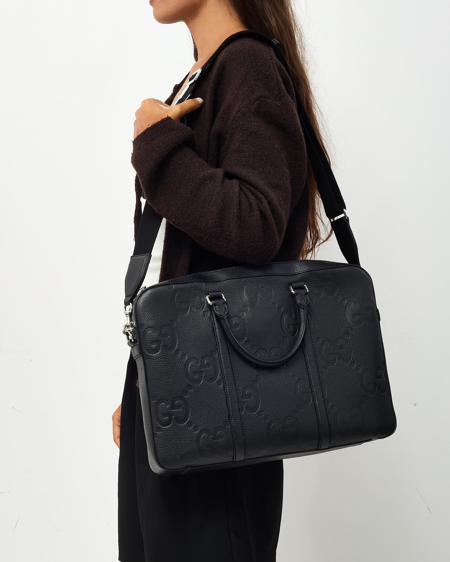 Gucci Black Jumbo GG Monogram Embossed Leather Briefcase with Strap