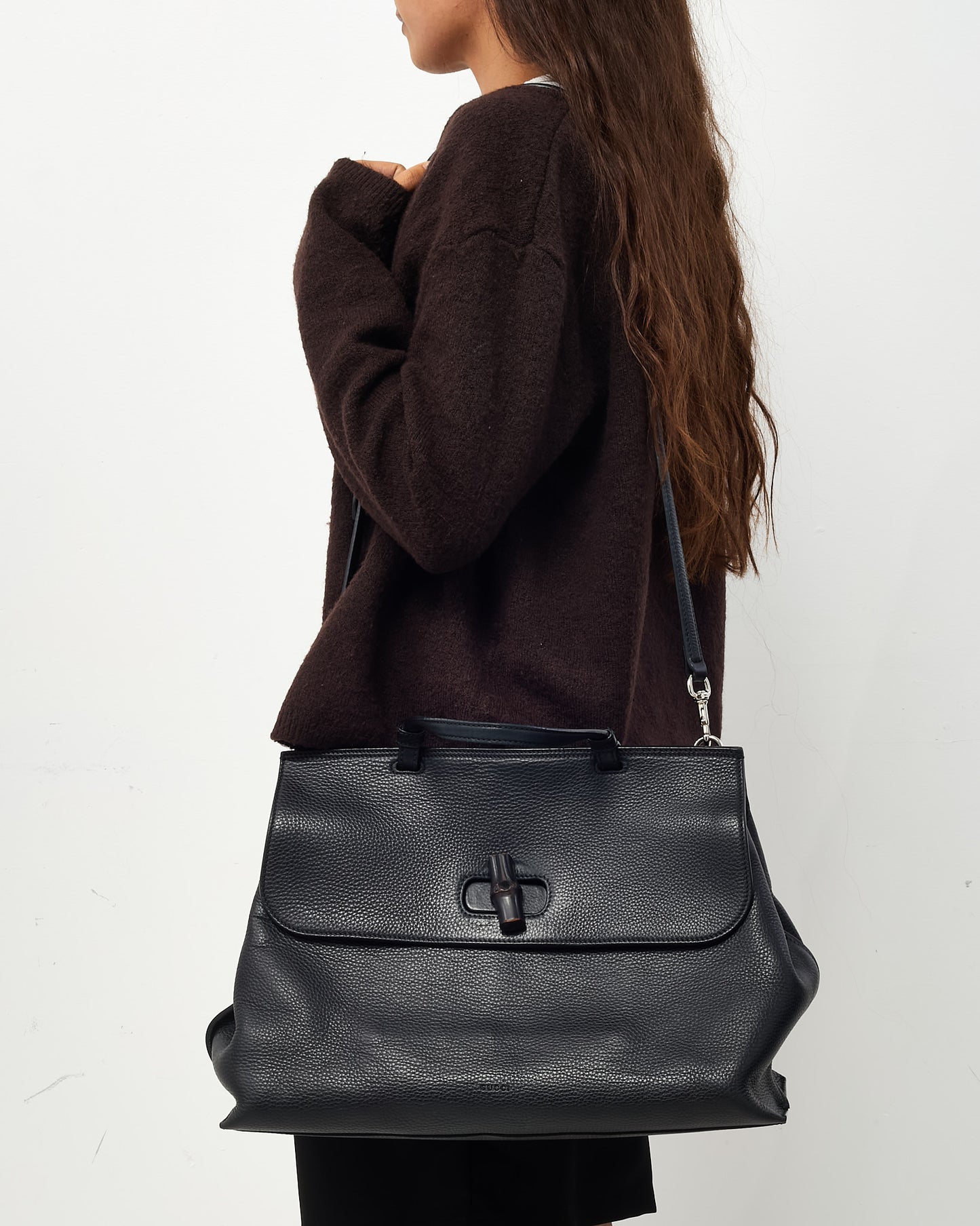 Gucci Black Pebbled Leather Bamboo Daily 2Way Top Handle Satchel