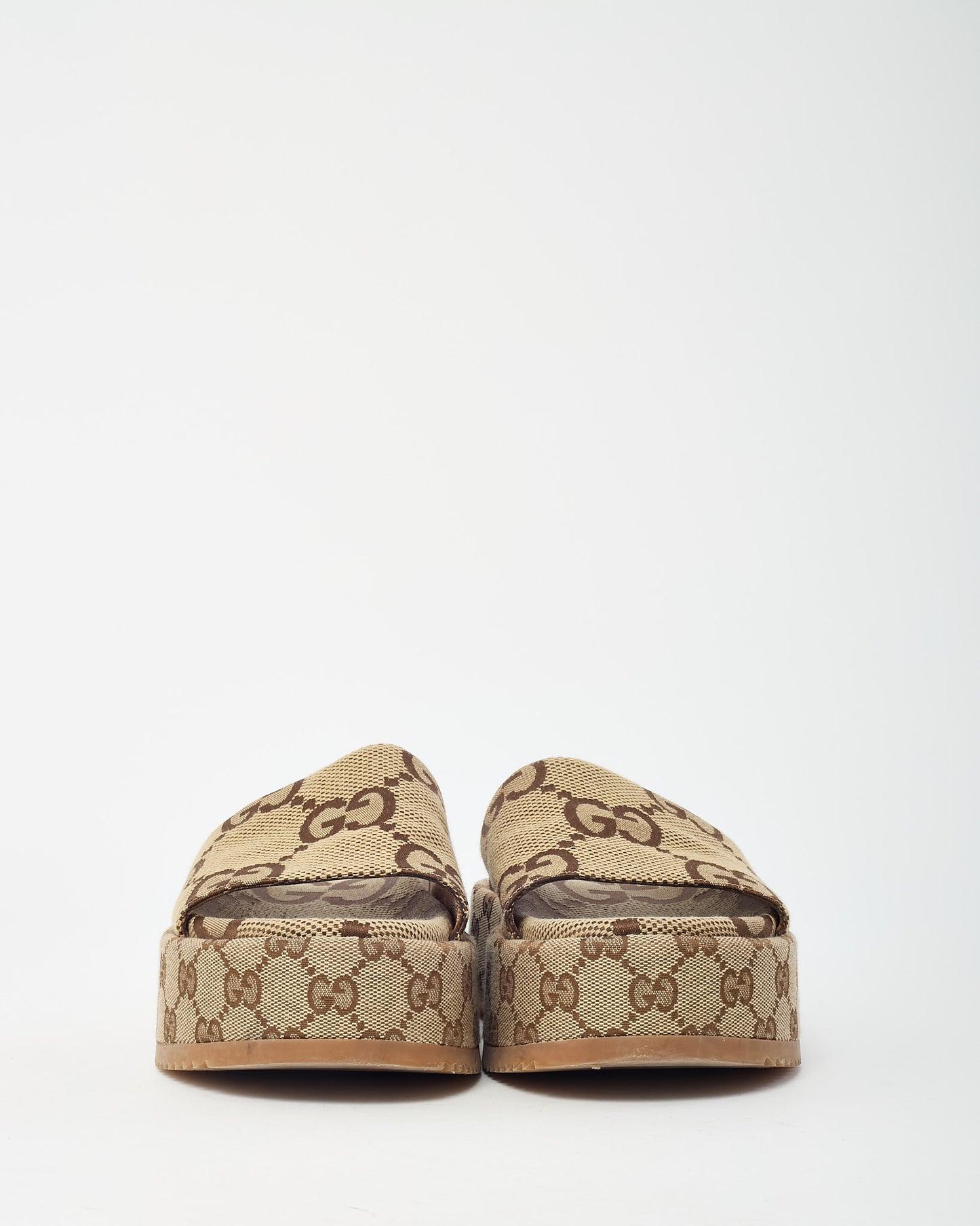 Gucci Camel and Brown Maxi GG Canvas with GG Canvas Trim Platform Sandals - 36