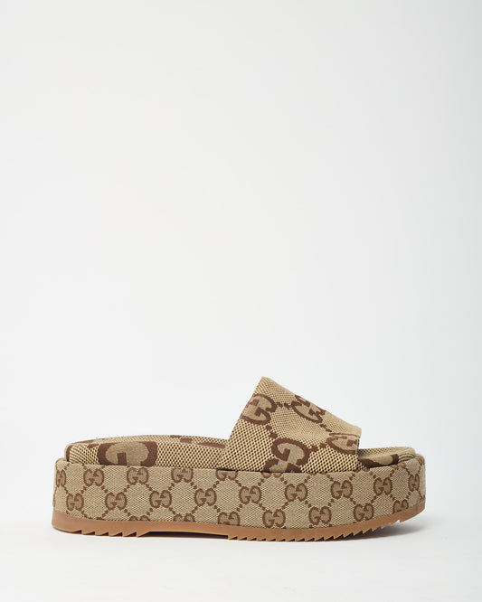 Gucci Camel and Brown Maxi GG Canvas with GG Canvas Trim Platform Sandals - 36