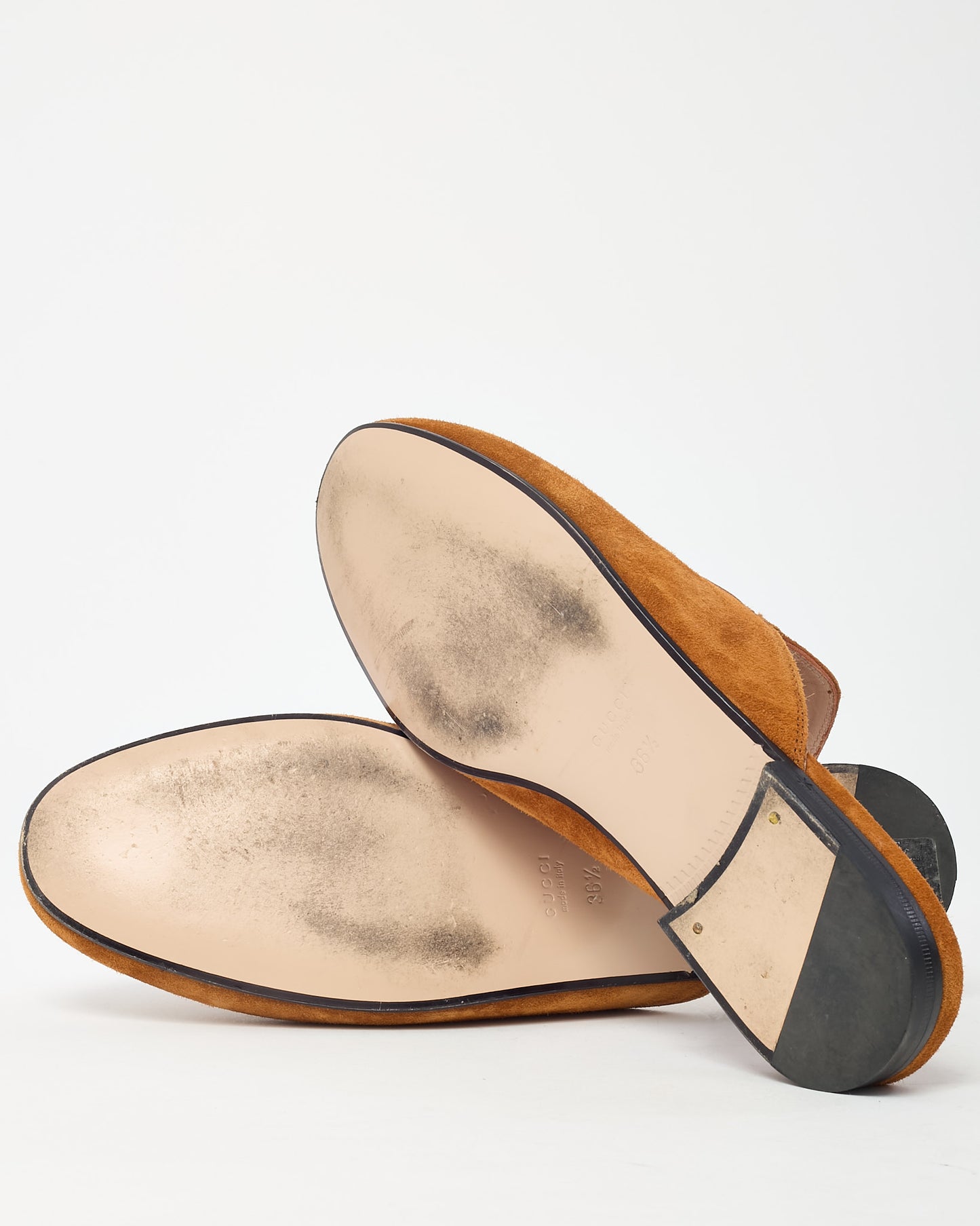 Gucci Tan Suede Gold Horsebit Slip On Princetown Mules - 36.5