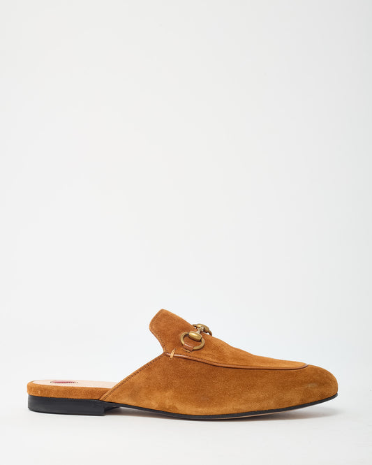Gucci Tan Suede Gold Horsebit Slip On Princetown Mules - 36.5