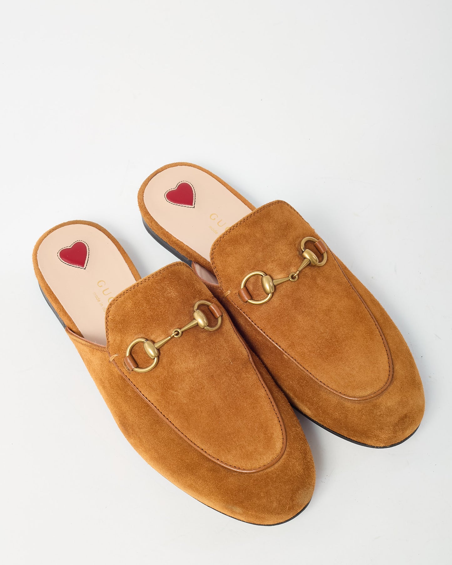 Gucci Tan Suede Gold Horsebit Slip On Princetown Mules - 36.5