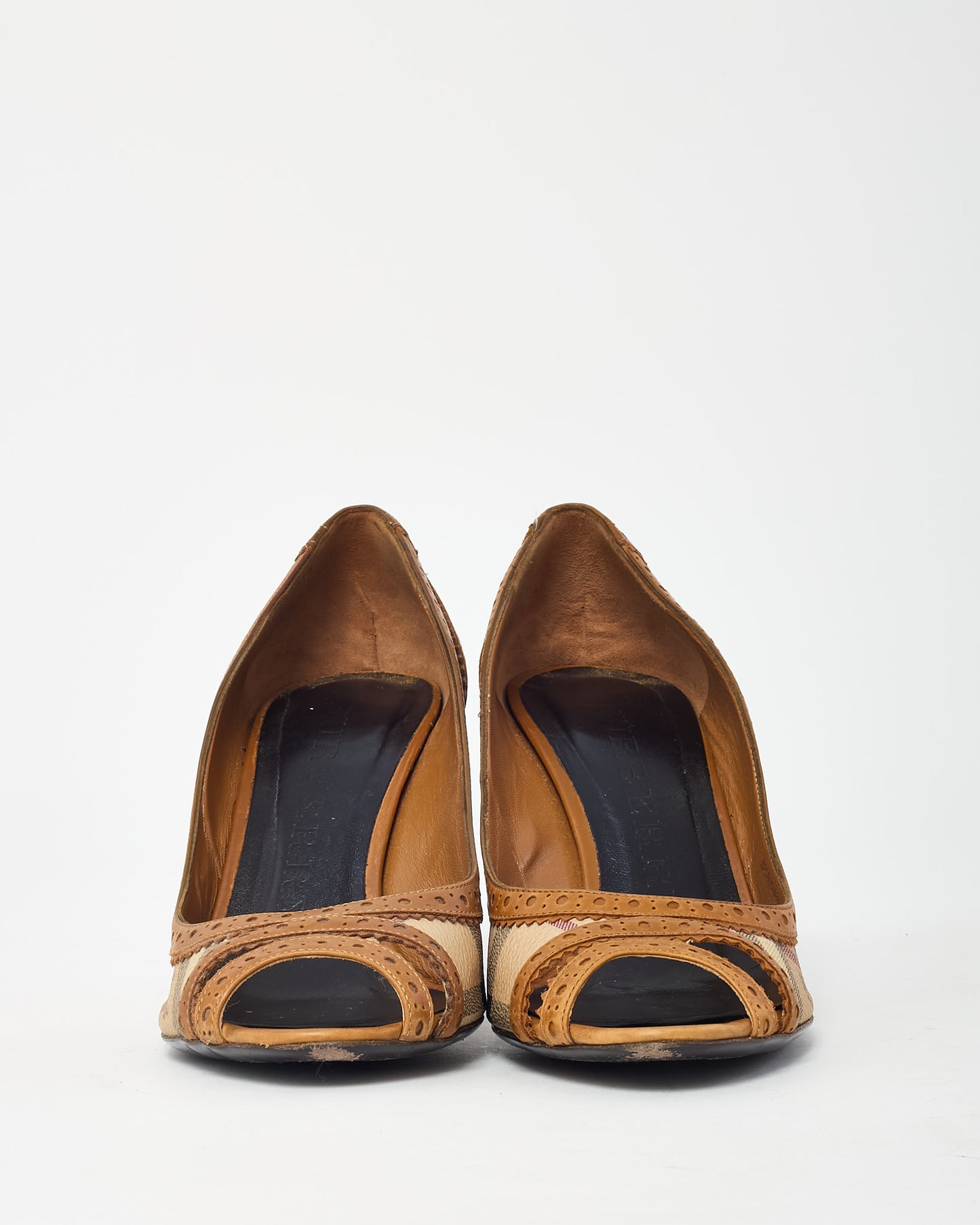 Burberry Tan Leather and Haymarket Check Coated Canvas Brogue Mansfield 85 Pump - 41