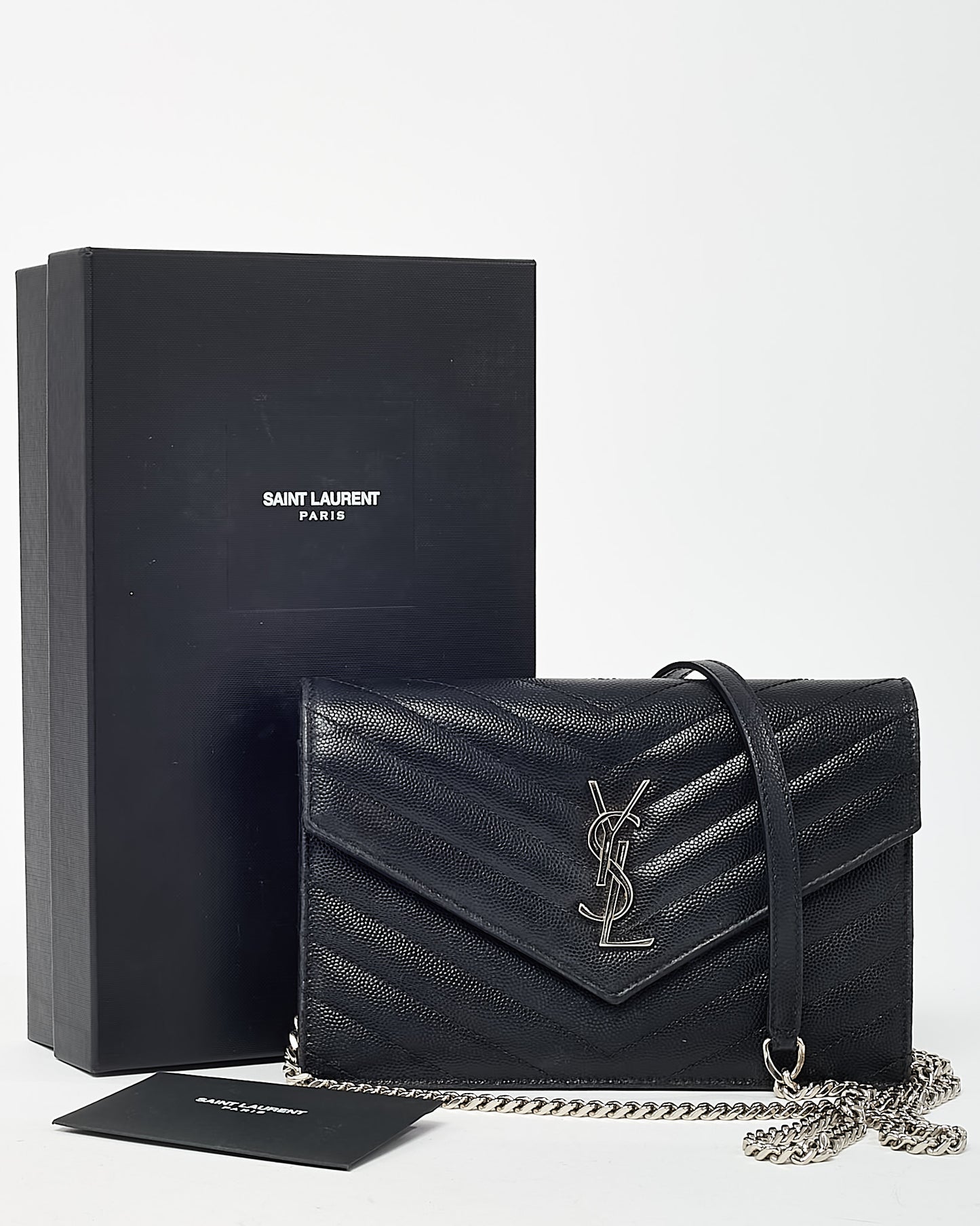 Saint Laurent Black Grain de Poudre Leather Classic YSL Cassandre Chain Wallet Crossbody SHW