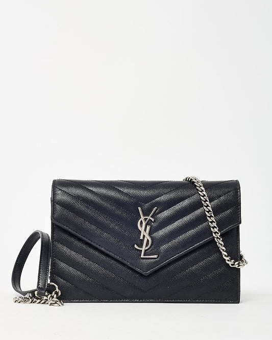 Saint Laurent Black Grain de Poudre Leather Classic YSL Cassandre Chain Wallet Crossbody SHW