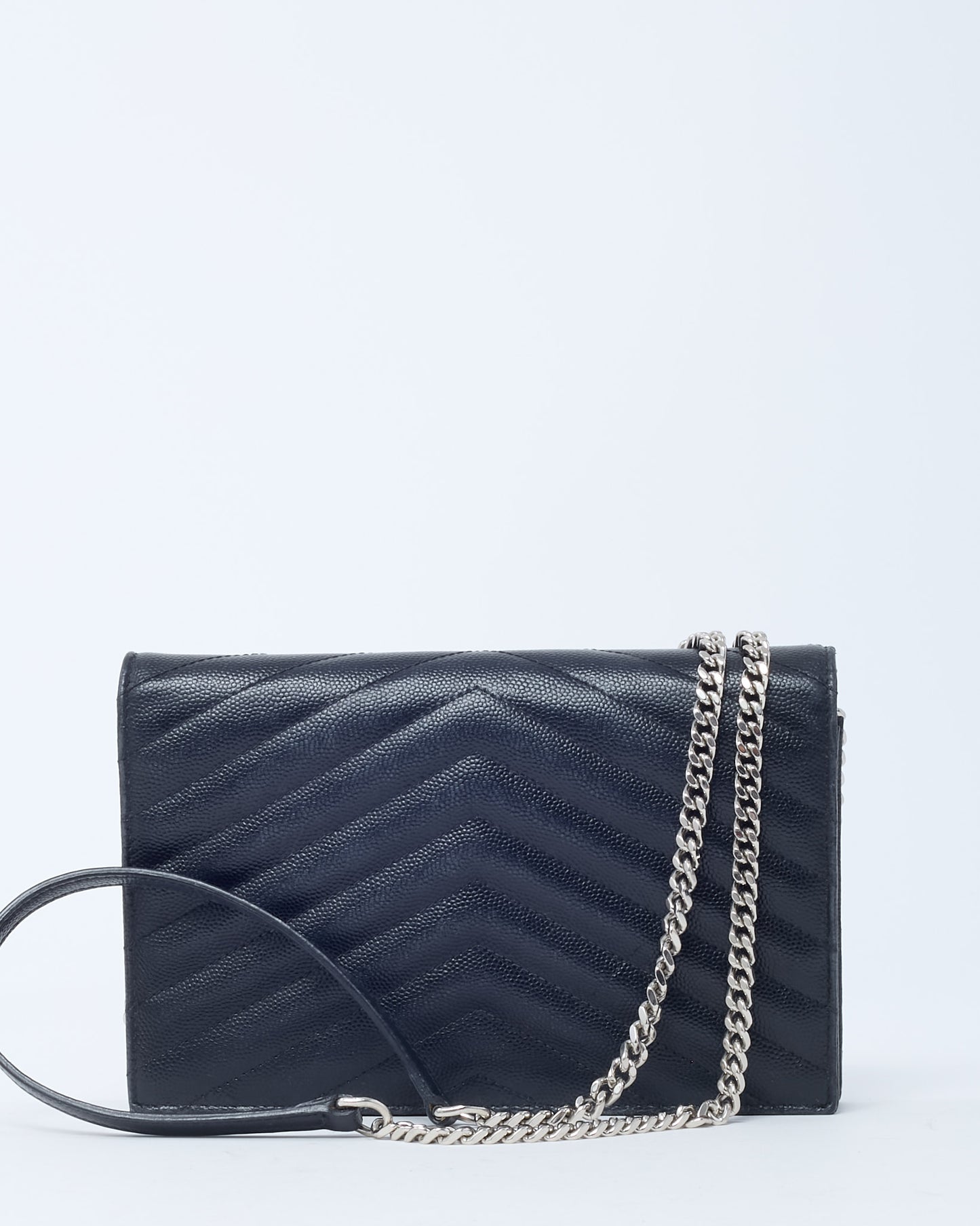 Saint Laurent Black Grain de Poudre Leather Classic YSL Cassandre Chain Wallet Crossbody SHW