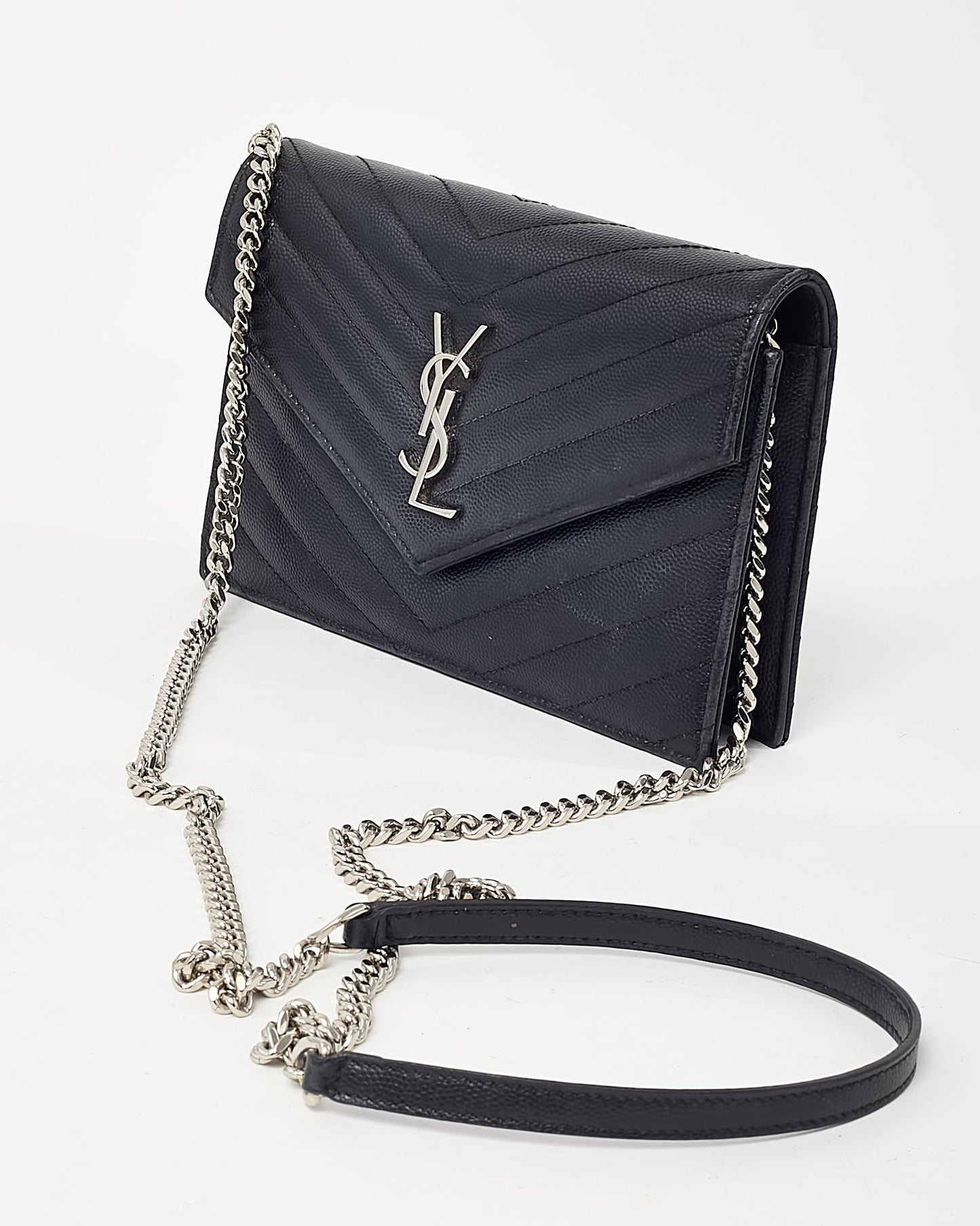 Saint Laurent Black Grain de Poudre Leather Classic YSL Cassandre Chain Wallet Crossbody SHW