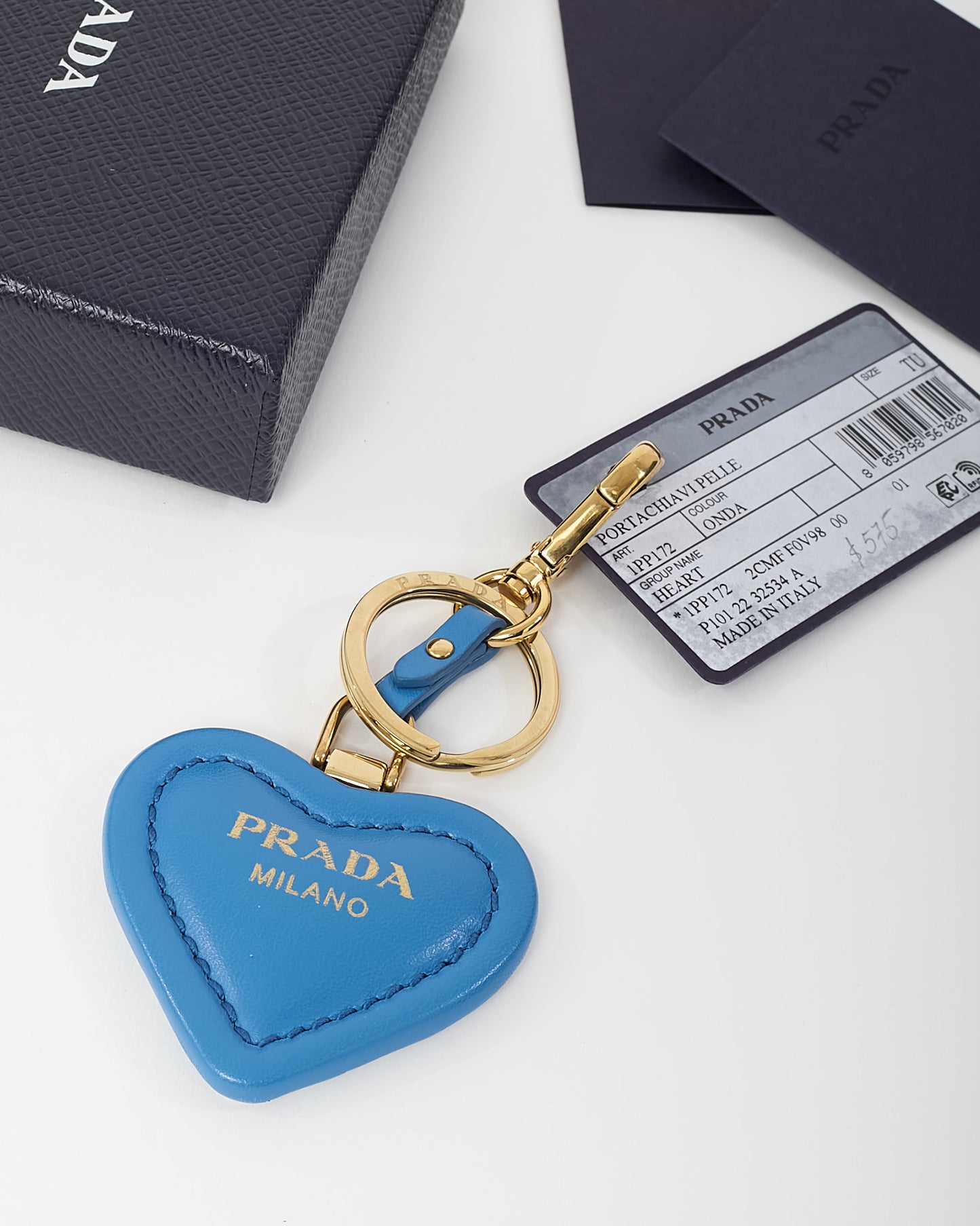 Prada Gold Metal Blue Puffy Heart Logo Key Chain / Bag Charm