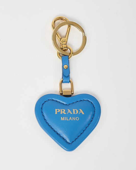 Prada Gold Metal Blue Puffy Heart Logo Key Chain / Bag Charm