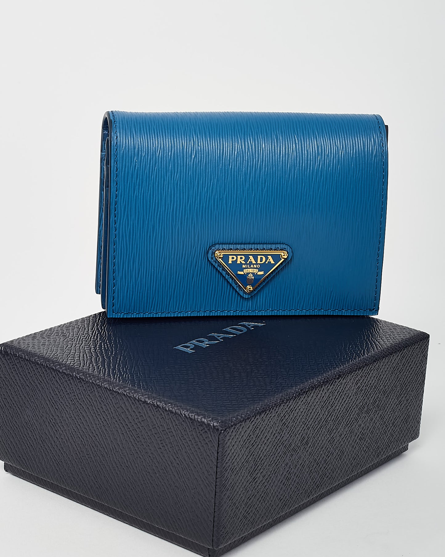 Prada Blue Vitello Move Tr Leather Triangle Logo Compact Wallet