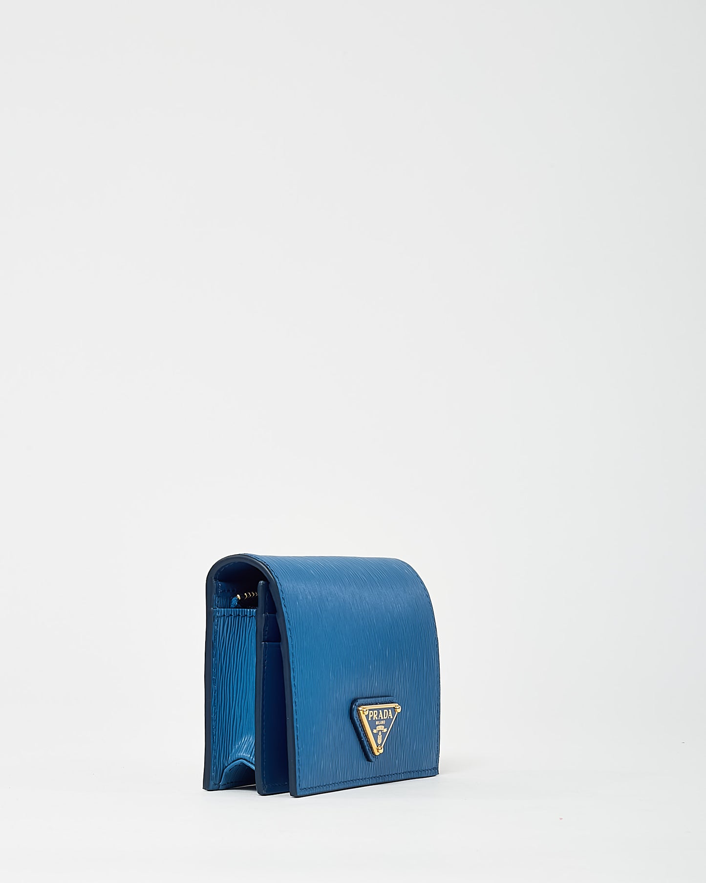 Prada Blue Vitello Move Tr Leather Triangle Logo Compact Wallet