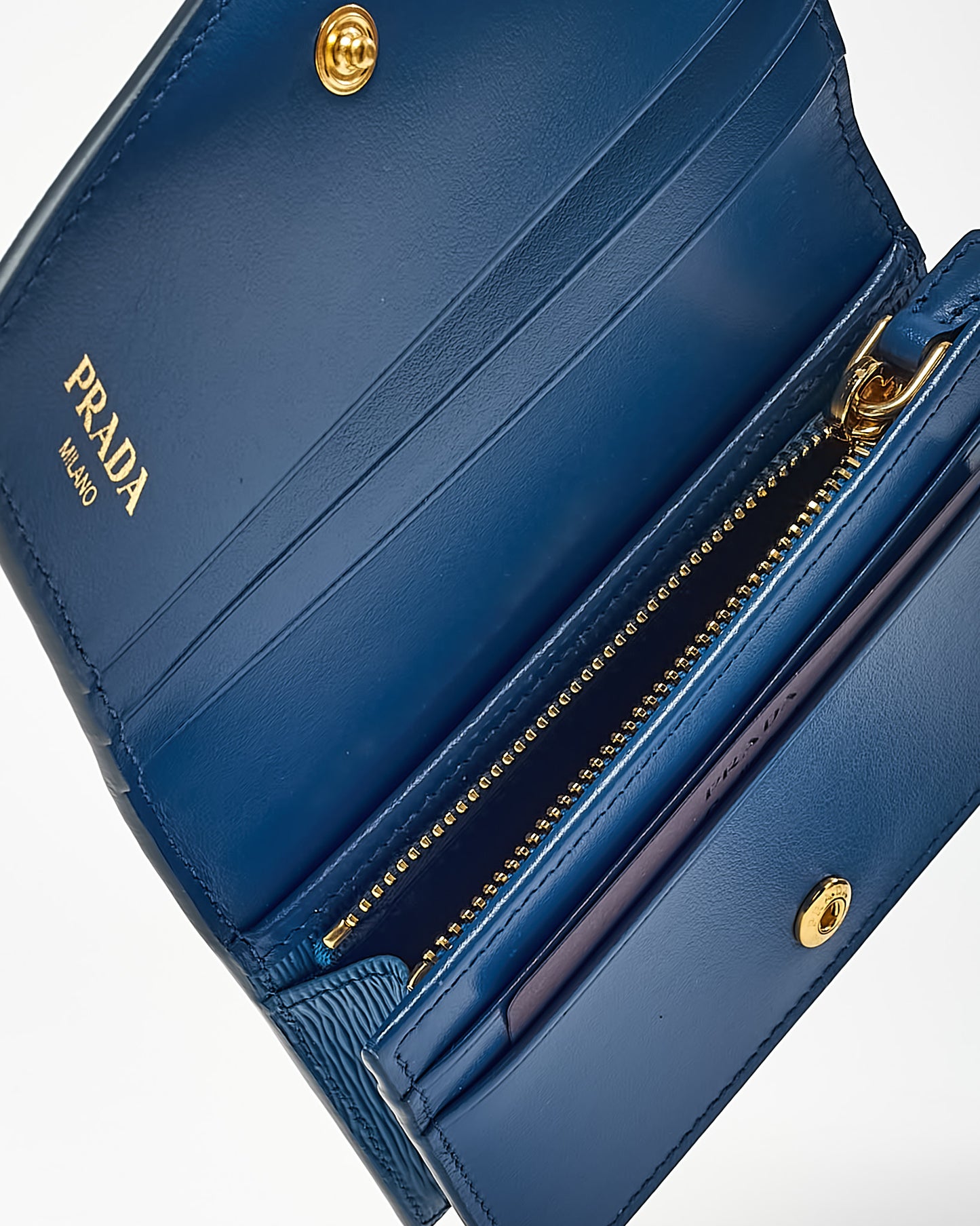 Prada Blue Vitello Move Tr Leather Triangle Logo Compact Wallet
