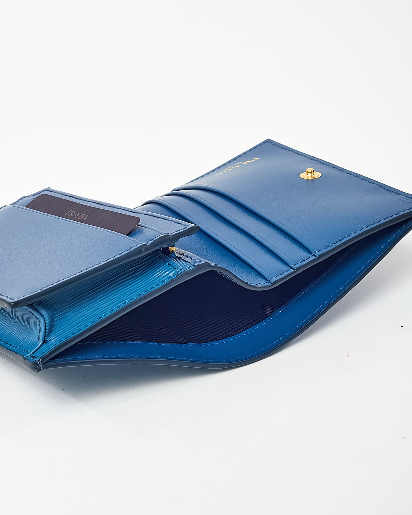 Prada Blue Vitello Move Tr Leather Triangle Logo Compact Wallet
