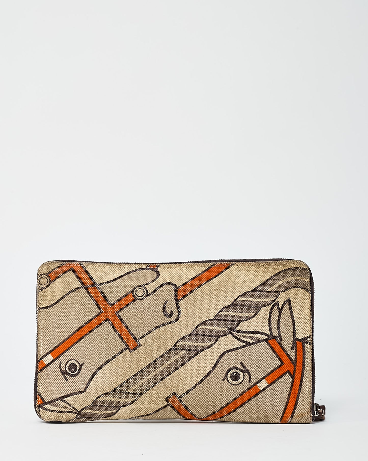 Hermès Beige and Orange Quadrige Steeple Printed Toile Canvas Zippy Wallet GM