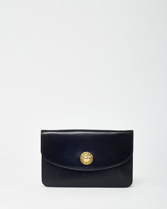 Celine Vintage Black Calfskin Leather Gold Embellished Logo Clutch