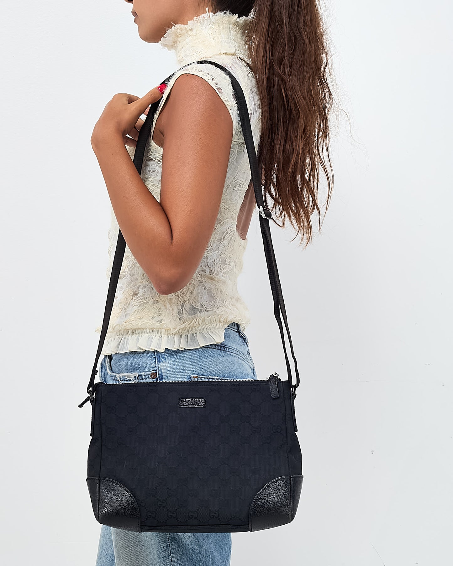 Gucci Black GG Monogram Canvas Messenger Crossbody Bag