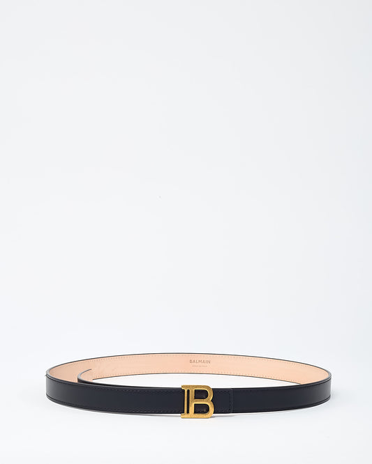 Balmain Black Leather GHW Logo Thin B Belt - 80