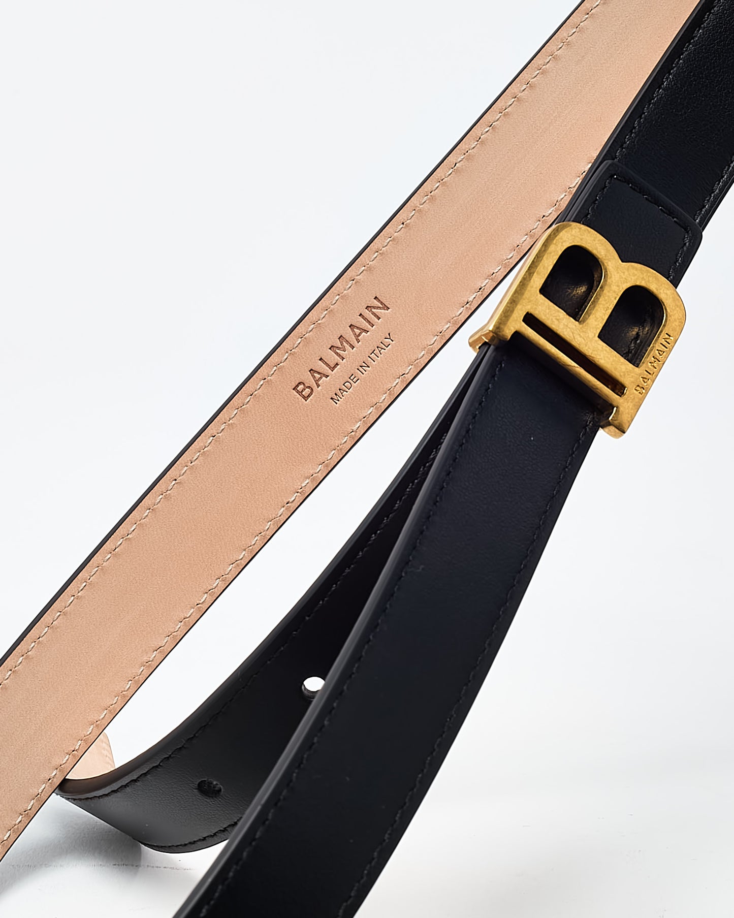 Balmain Black Leather GHW Logo Thin B Belt - 80