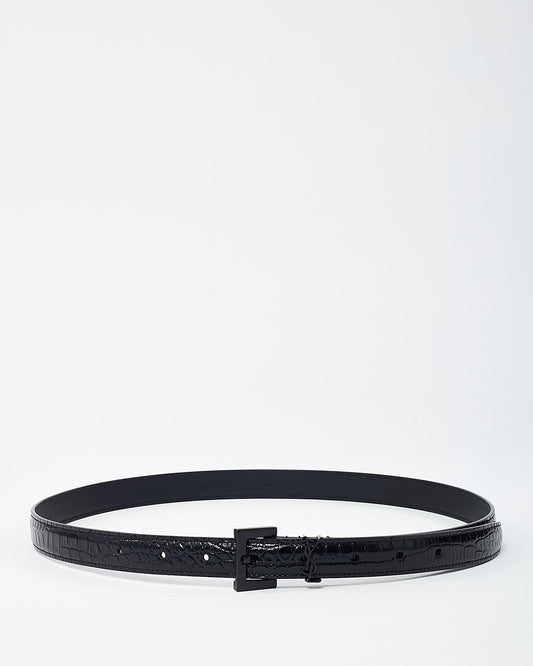 Saint Laurent Black Shiny Croc Embossed Leather Black YSL Logo Cassandre Thin Belt - 80
