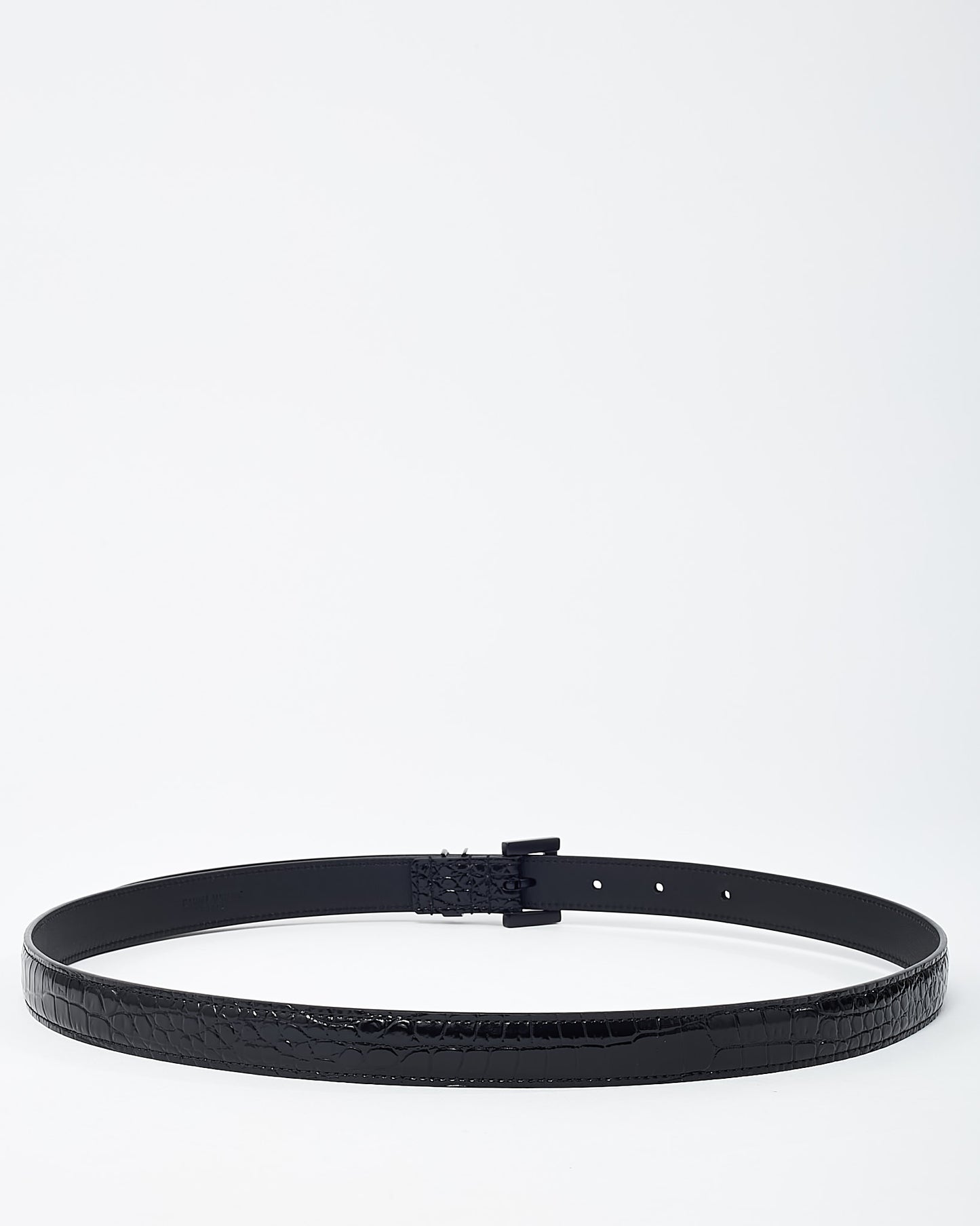 Saint Laurent Black Shiny Croc Embossed Leather Black YSL Logo Cassandre Thin Belt - 80