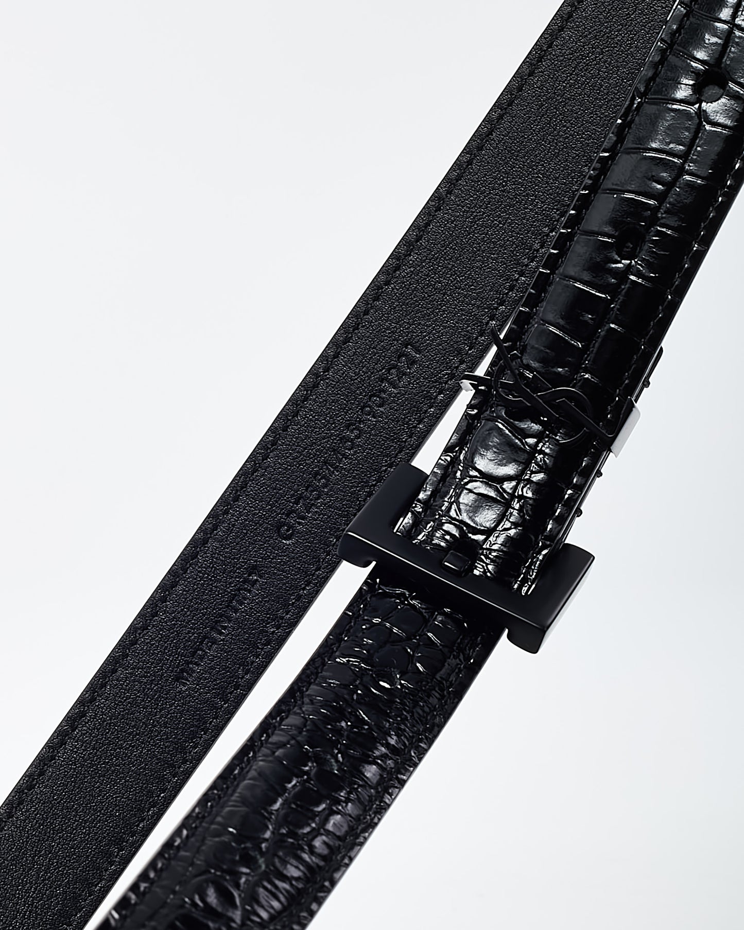 Saint Laurent Black Shiny Croc Embossed Leather Black YSL Logo Cassandre Thin Belt - 80