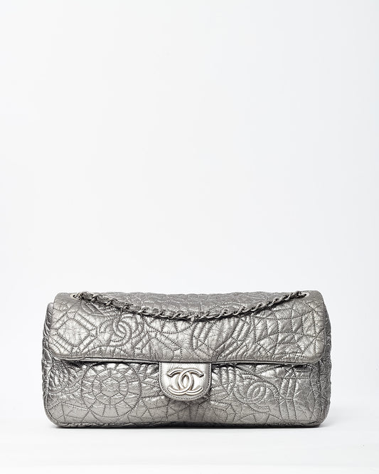 Chanel Silver Vinyl Graphic Edge Camellia Flower Accordion Flap Bag SHW