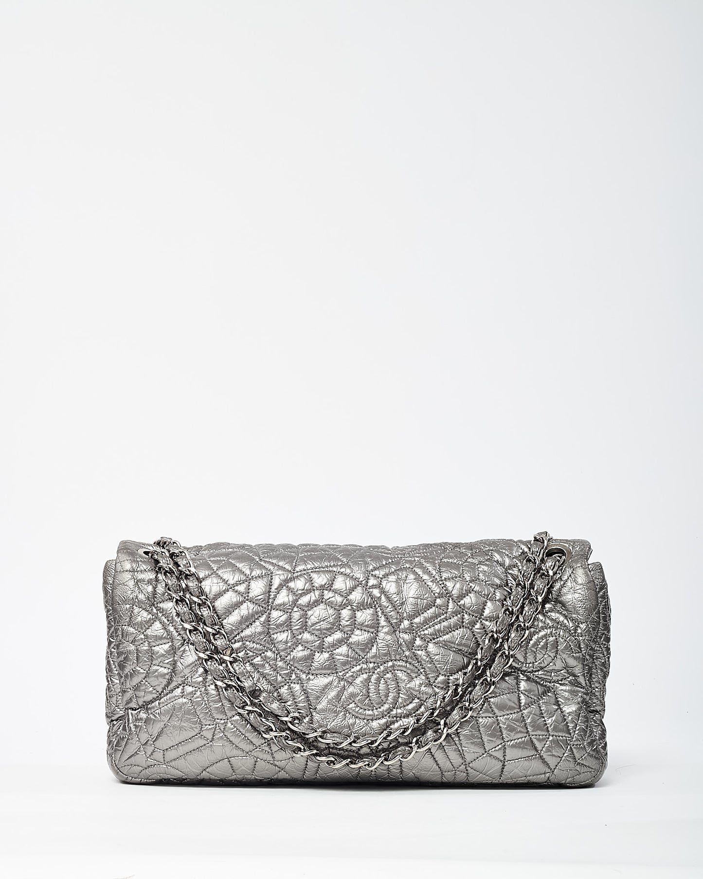 Chanel Silver Vinyl Graphic Edge Camellia Flower Accordion Flap Bag SHW