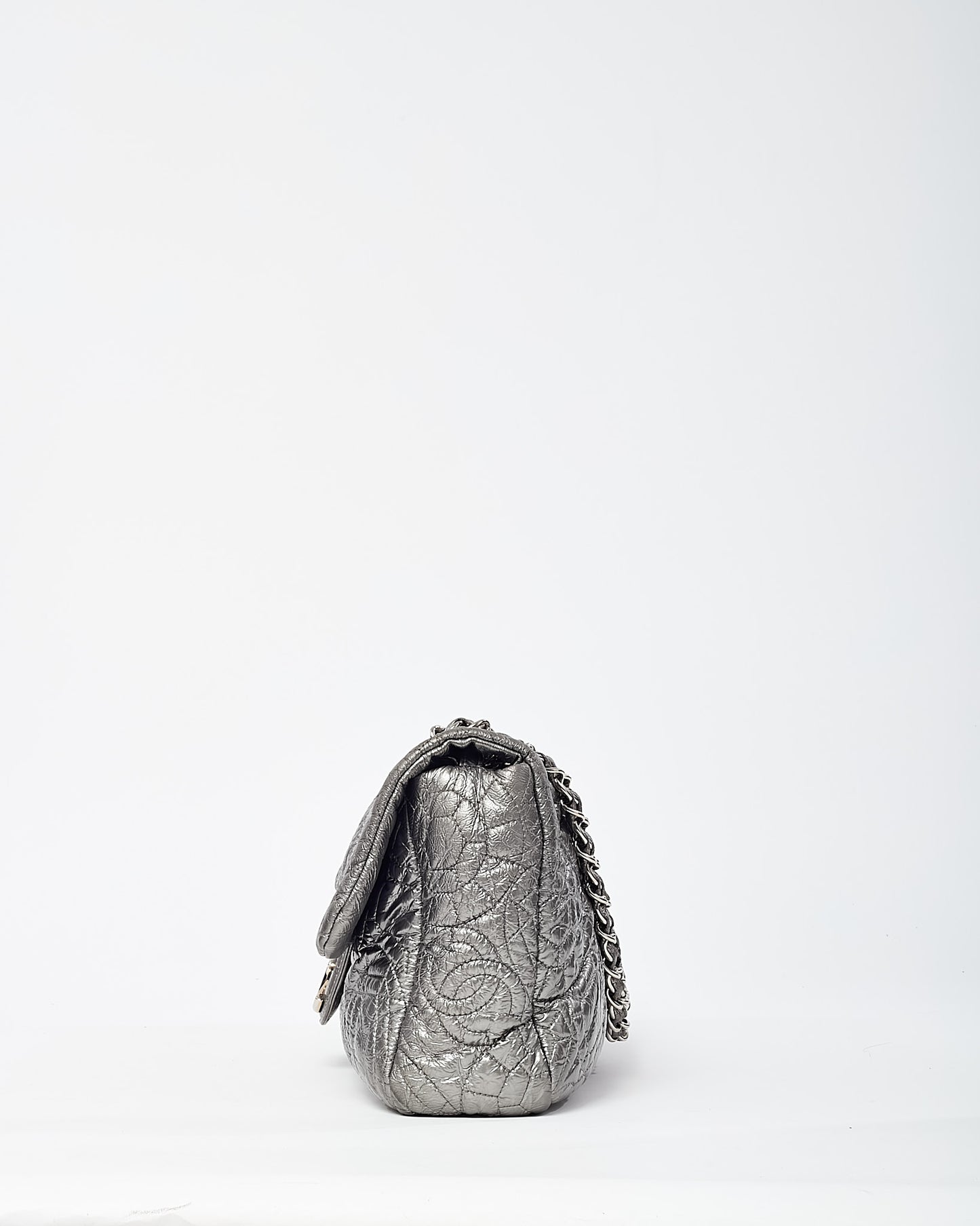 Chanel Silver Vinyl Graphic Edge Camellia Flower Accordion Flap Bag SHW