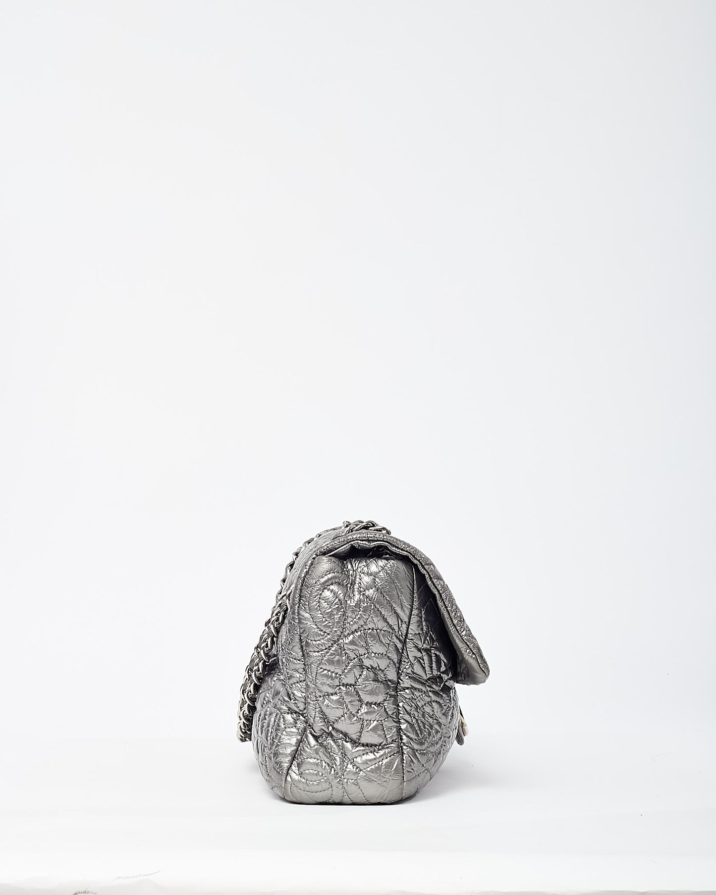 Chanel Silver Vinyl Graphic Edge Camellia Flower Accordion Flap Bag SHW