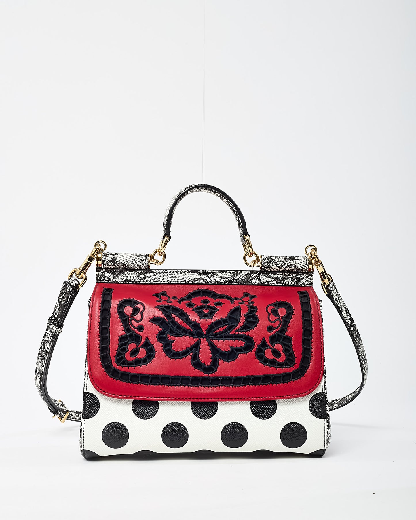 Dolce & Gabbana Red/Black/White Floral Cut Out and Polka Dots Leather Medium Miss Sicily Top Handle Bag
