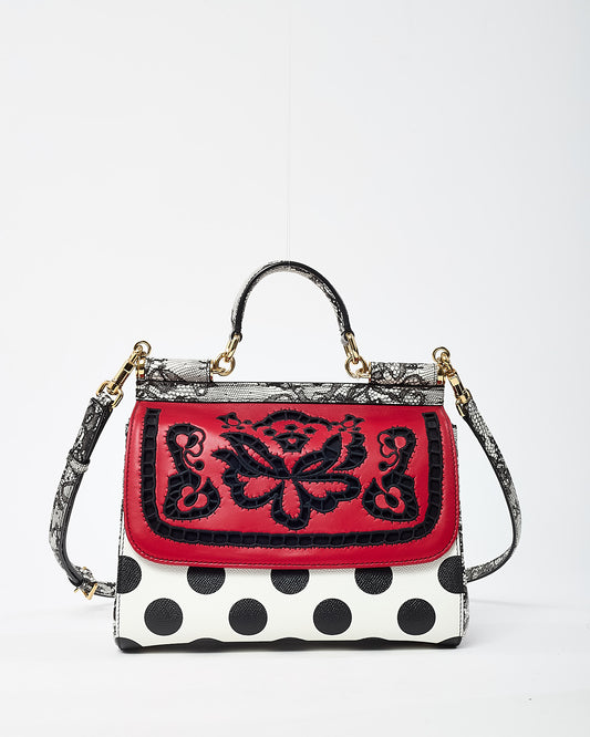 Dolce & Gabbana Red/Black/White Floral Cut Out and Polka Dots Leather Medium Miss Sicily Top Handle Bag
