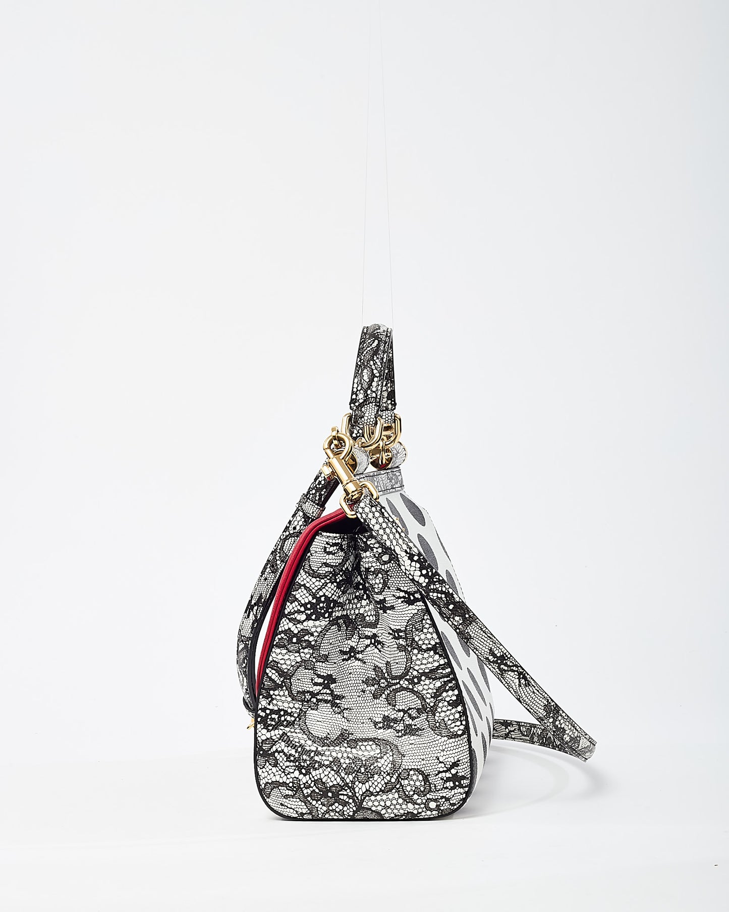 Dolce & Gabbana Red/Black/White Floral Cut Out and Polka Dots Leather Medium Miss Sicily Top Handle Bag