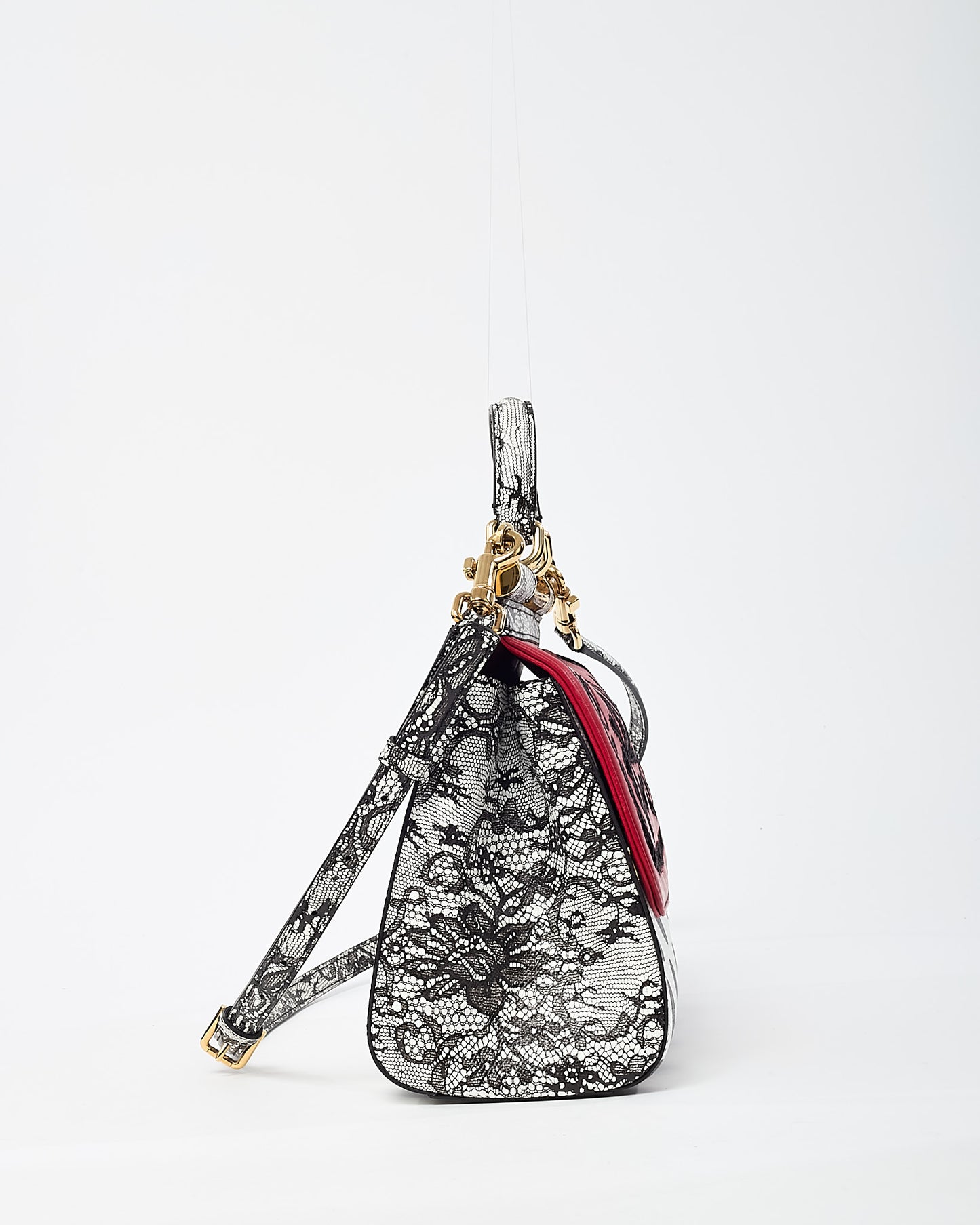 Dolce & Gabbana Red/Black/White Floral Cut Out and Polka Dots Leather Medium Miss Sicily Top Handle Bag