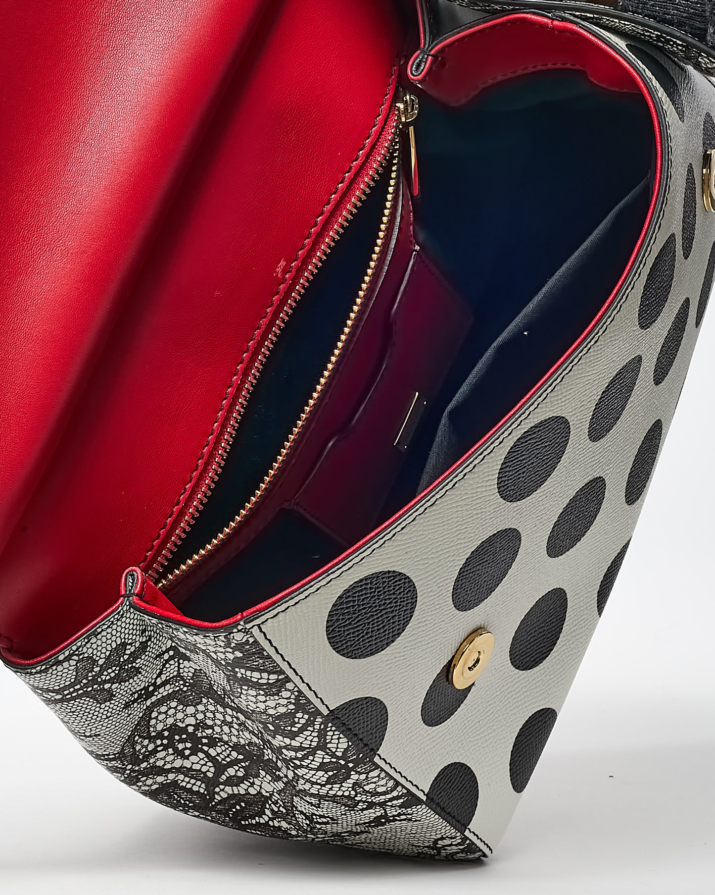 Dolce & Gabbana Red/Black/White Floral Cut Out and Polka Dots Leather Medium Miss Sicily Top Handle Bag