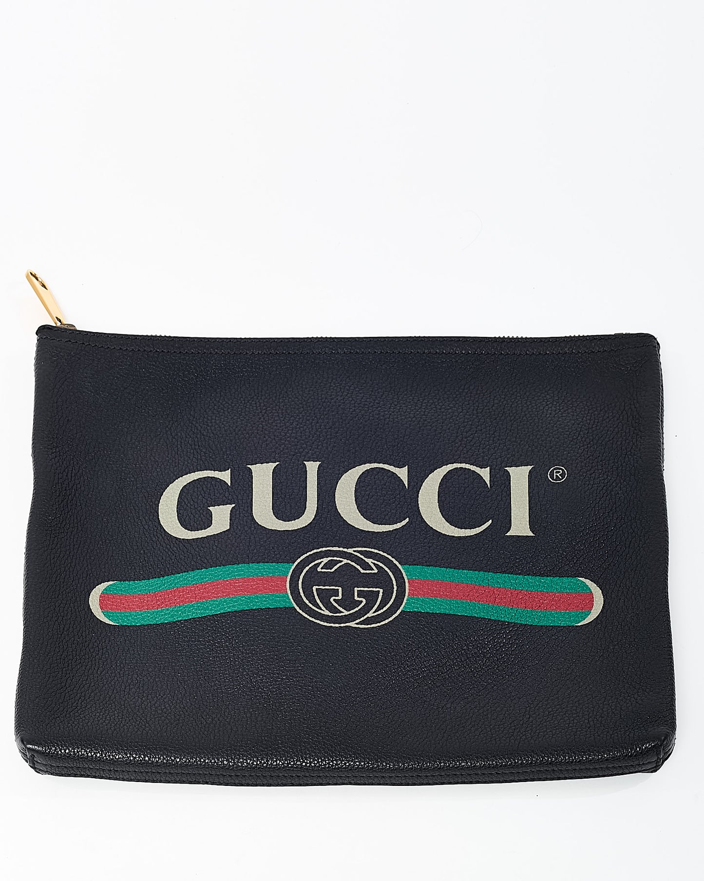 Gucci Black Leather Logo With Green & Red Web Portfolio Clutch